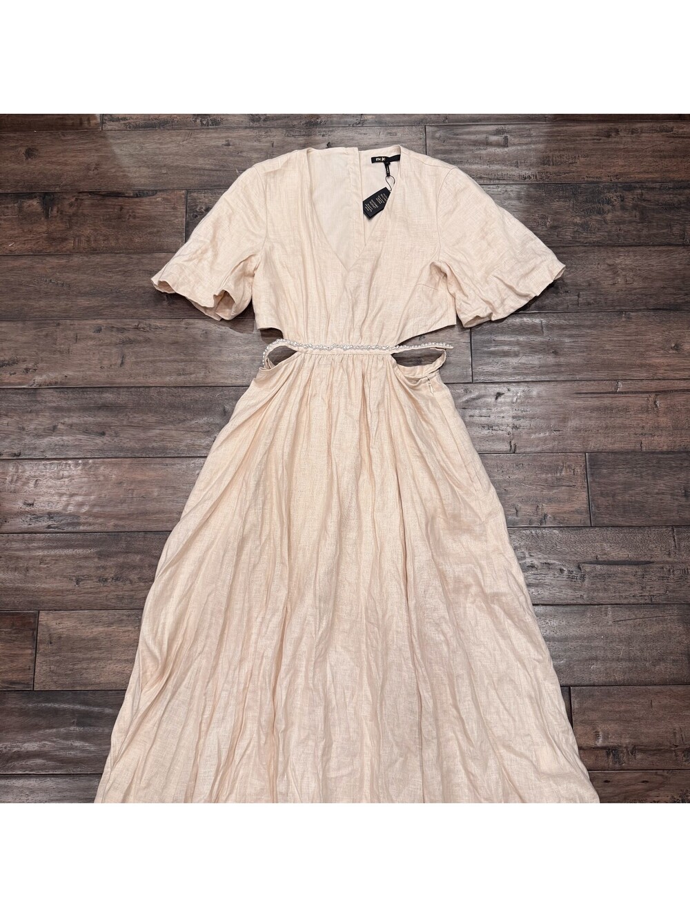 Maje V-Neck Cut-Out Linen Maxi Dress, faux pearls